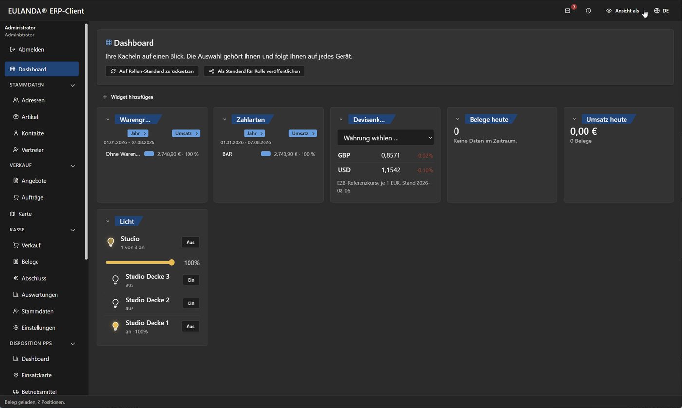 Dashboard mit Kacheln für Warengruppen, Zahlarten, Devisenkurse und Beleuchtung